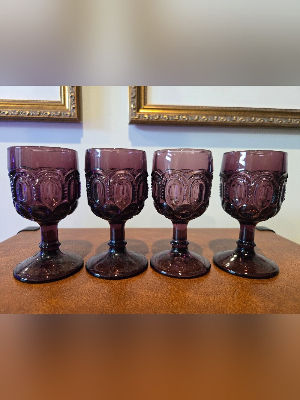 Vintage L.E. Smith Amethyst Purple Moon and Star Wine Goblets 4.75” - Set of 4